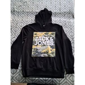 Jack & Jones Mens Pullover Hoodie Black Camouflage Graphic Size XXL